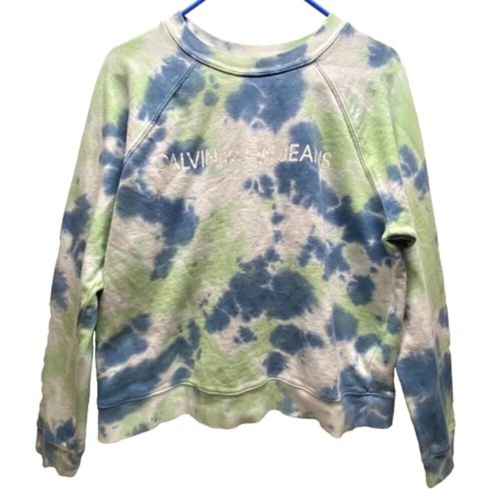 Calvin Klein Crewneck Sweatshirt Women's Large Blue Green Tie Dye CK‎ Logo GUC
